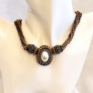Vintage Multi-strand Black Silver Gold Colored Necklace Faux Pearl, Magnet Clasp